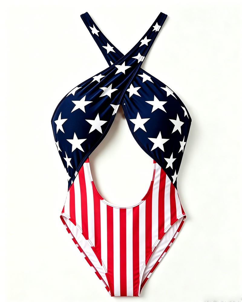 Sexy Stars & Stripes Halter Backless Bodycon One-Piece Bikini