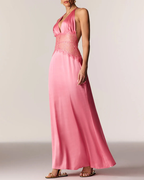 Elegant V-Neck Halter Lace and Satin Patchwork Maxi Dress