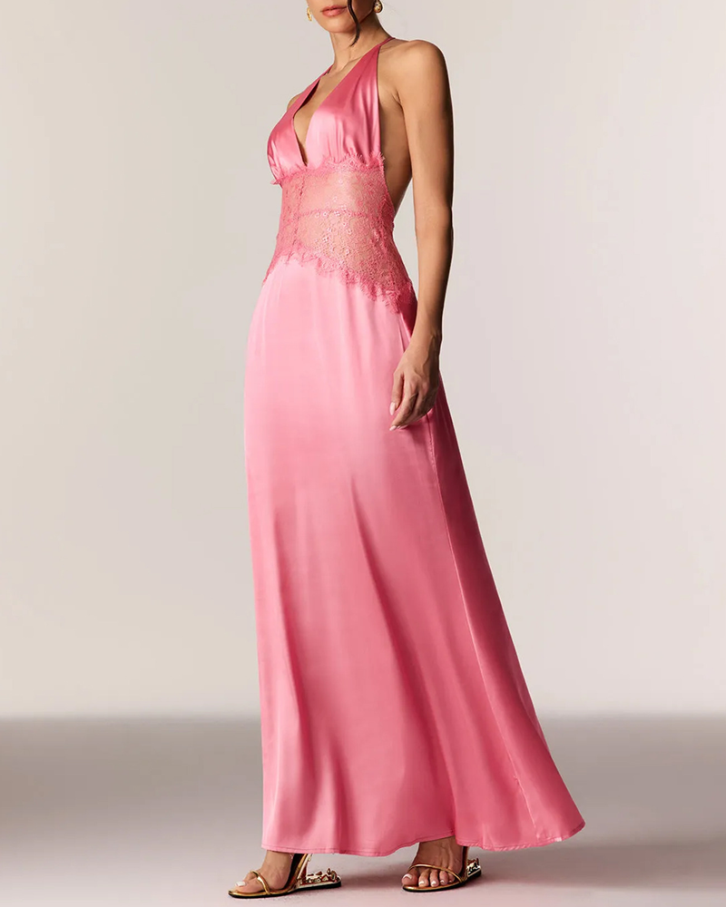 Elegant V-Neck Halter Lace and Satin Patchwork Maxi Dress