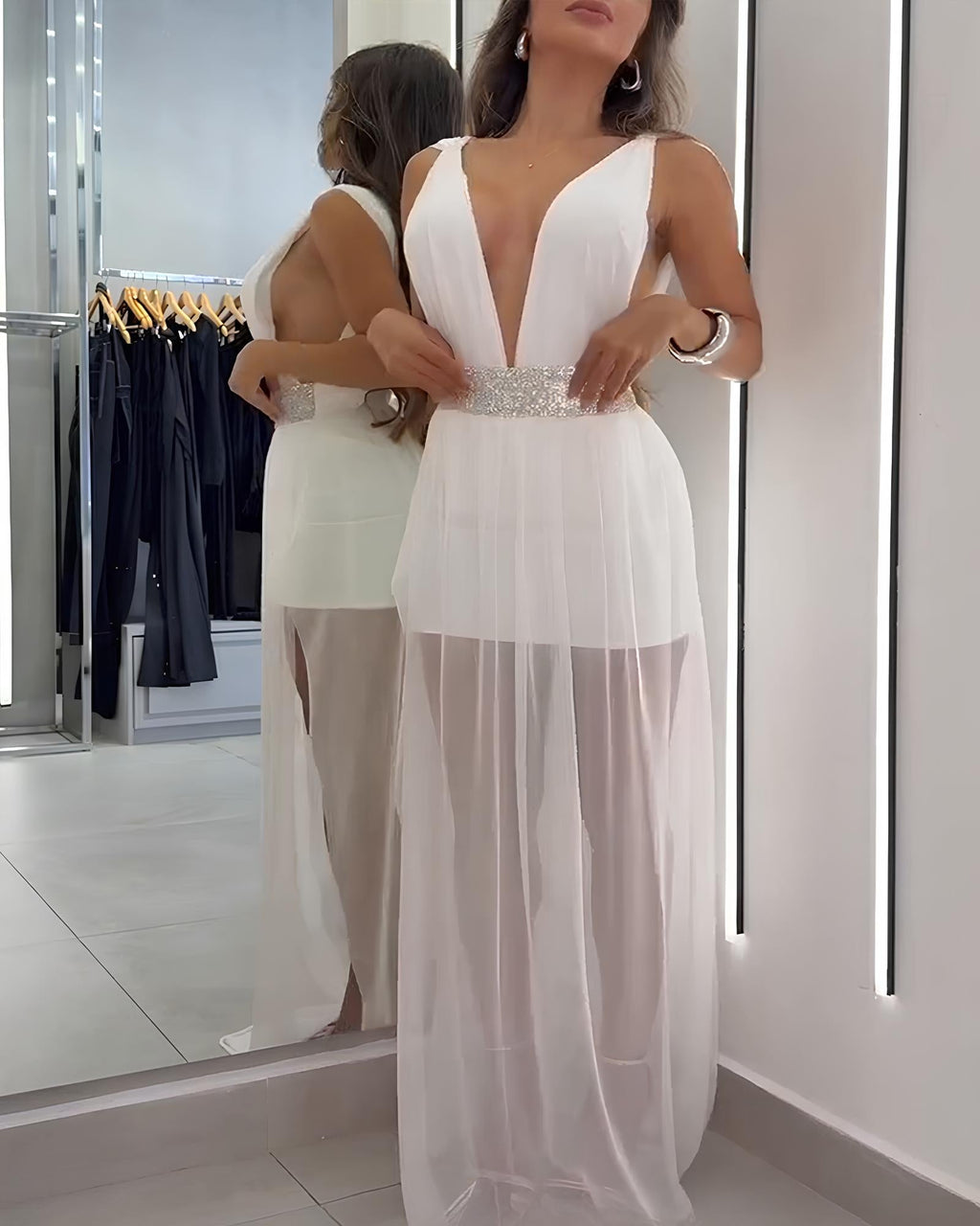 Sexy Deep V Sleeveless White Mesh Slit Long Beach Vacation Dress