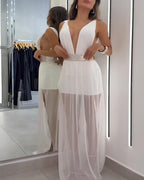 Sexy Deep V Sleeveless White Mesh Slit Long Beach Vacation Dress