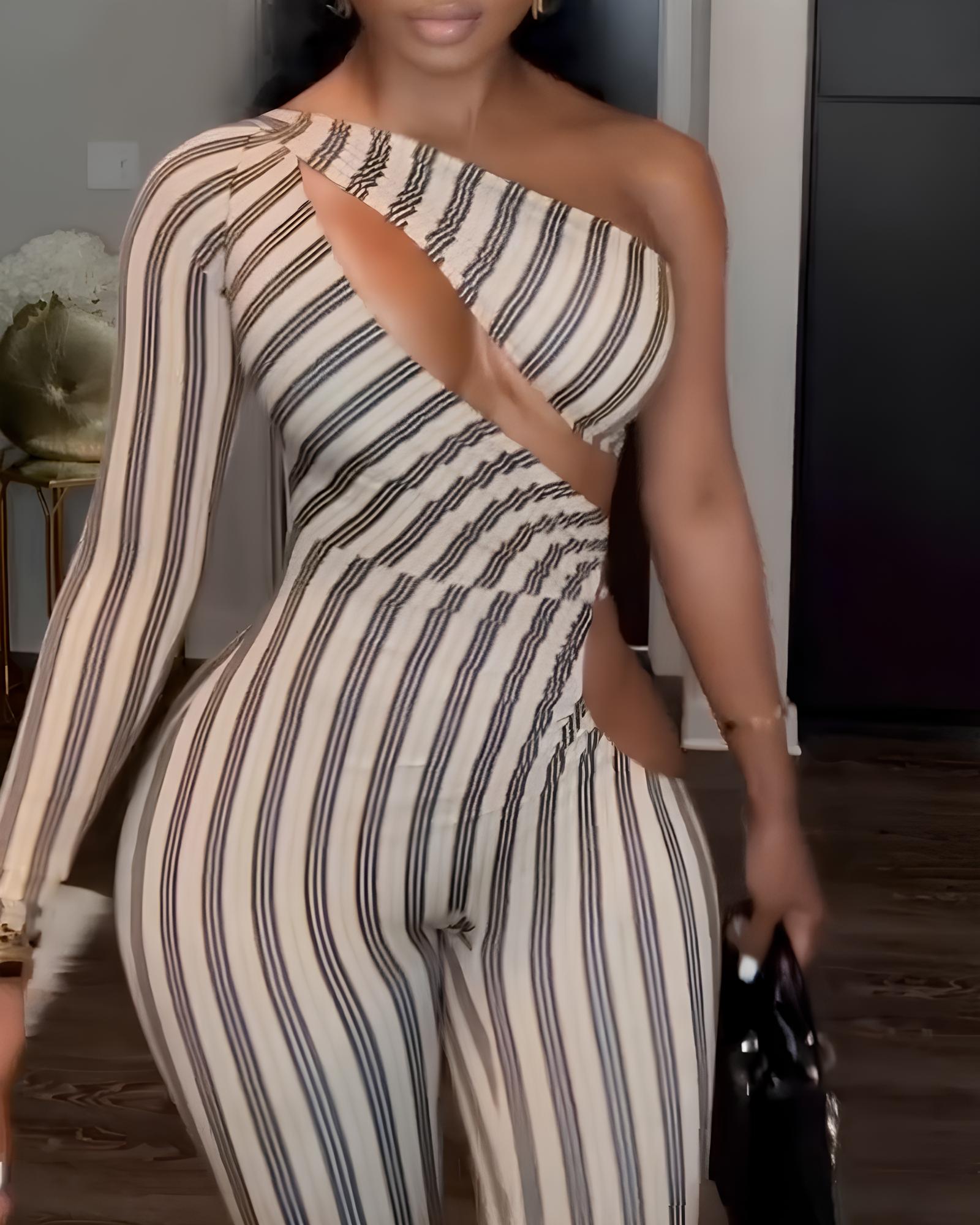 Sexy Striped Colorblock One-shoulder Cutout Long-sleeved Stretch Jumpsuit