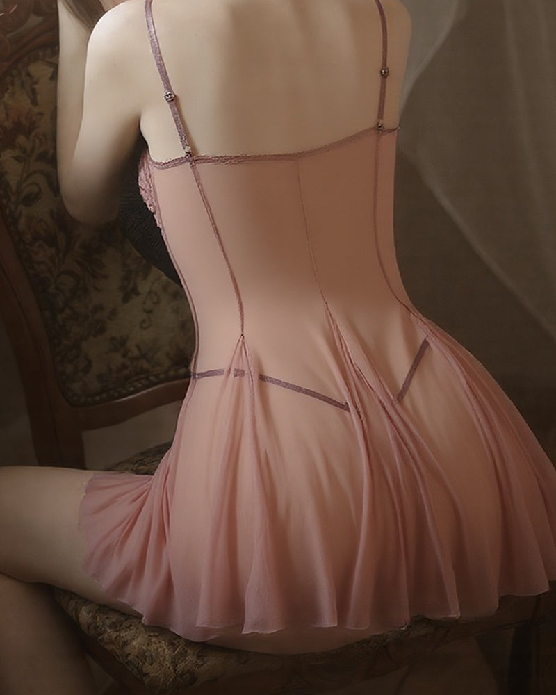 Sexy Lace Exposed Breasts Sheer Mesh Camisole Nightgown