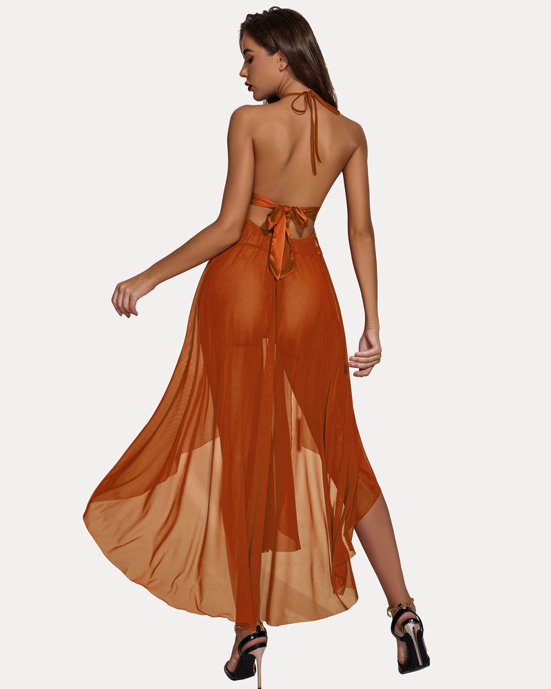Deep V Neck Lace Mesh Dress