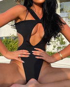 Beach Vacation Sexy Halter Neck Open-back One-piece Swimsuit