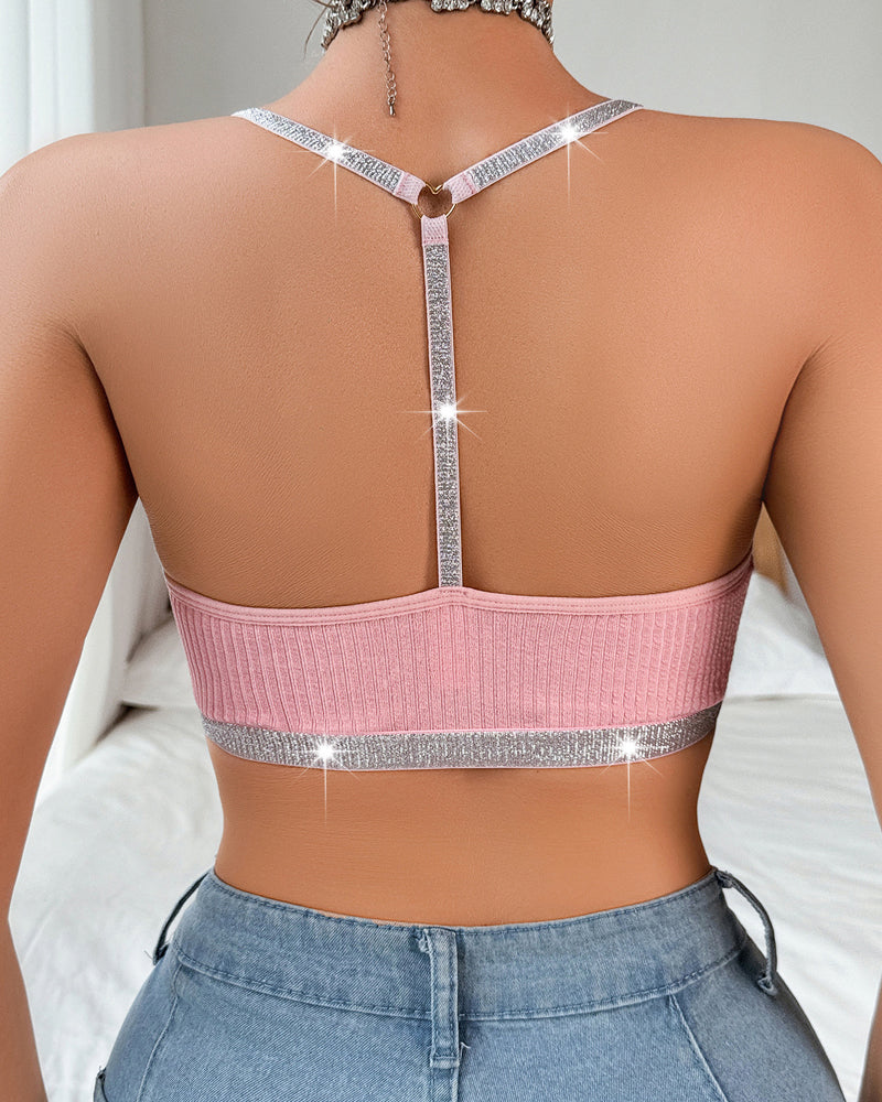 Halter Neck Silver Ribbon Lace Patchwork Backless Vest Bra