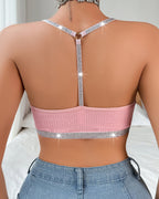 Halter Neck Silver Ribbon Lace Patchwork Backless Vest Bra