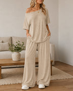 Casual Loose Off-shoulder Top and Wide-leg Pants Set