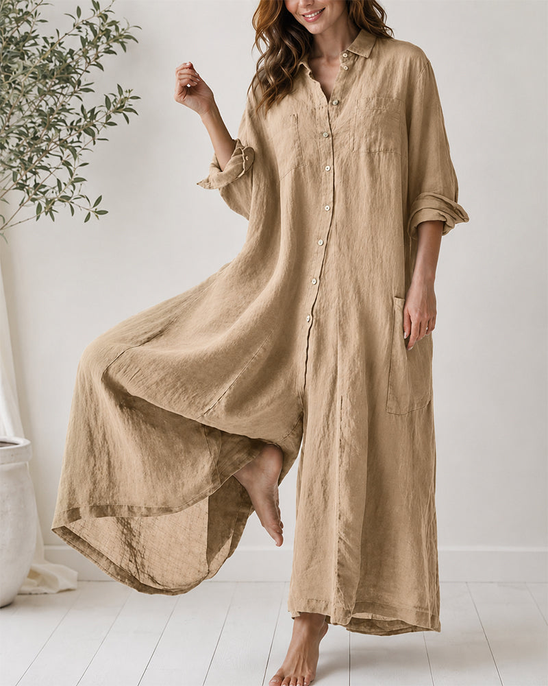 Casual Linen Button-down Long Sleeve Wide-leg Jumpsuit