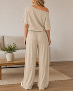 Casual Loose Off-shoulder Top and Wide-leg Pants Set