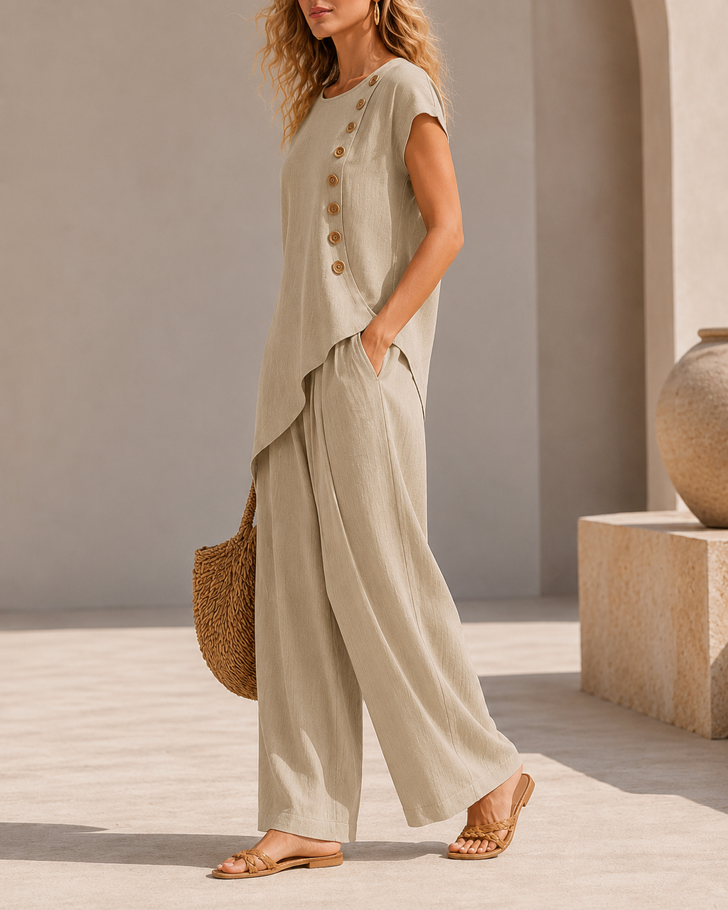 Casual Loose Button-down Short Sleeve Top and Wide-leg Pants Set