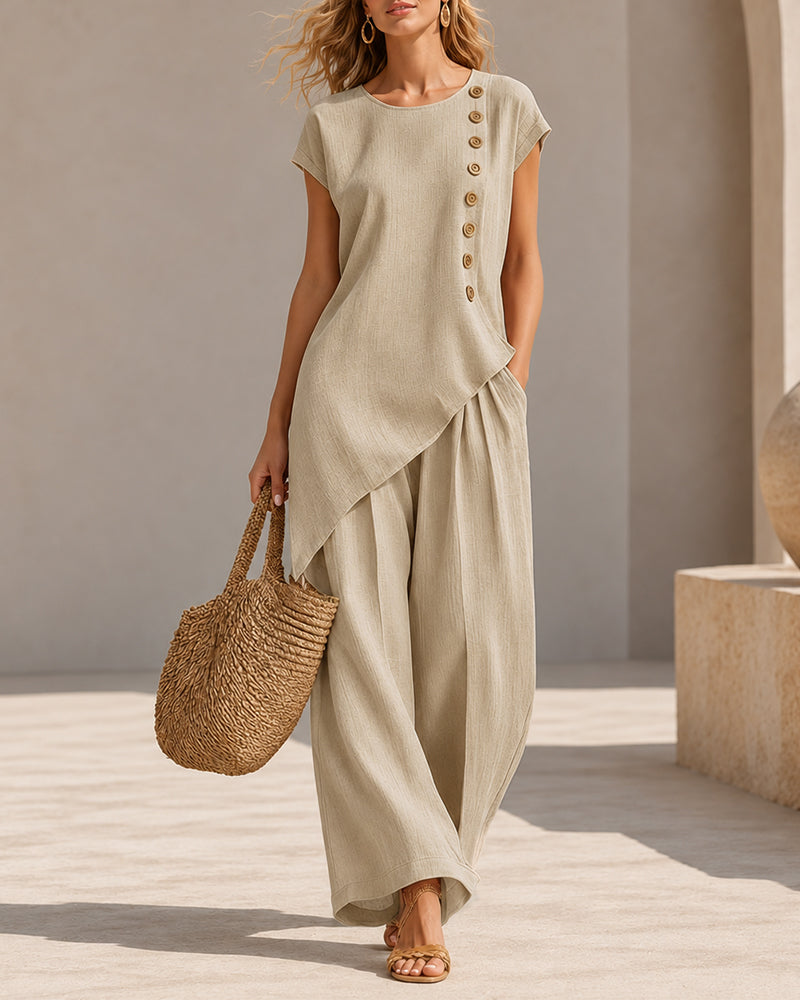 Casual Loose Button-down Short Sleeve Top and Wide-leg Pants Set