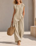 Casual Loose Button-down Short Sleeve Top and Wide-leg Pants Set