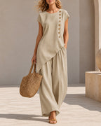 Casual Loose Button-down Short Sleeve Top and Wide-leg Pants Set
