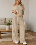 Casual Loose Off-shoulder Top and Wide-leg Pants Set