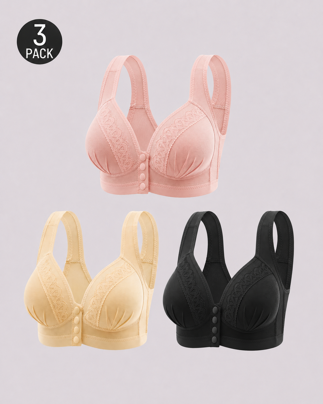 Three-Pack Front-Close Jacquard Full Cup Wire-Free Seamless Bra