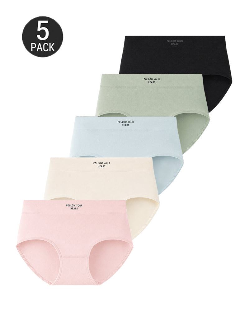 Plus Size 5-Pack Pure Cotton Antibacterial Mid-Waist Panties