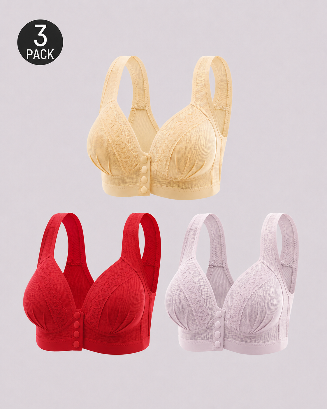 Three-Pack Front-Close Jacquard Full Cup Wire-Free Seamless Bra