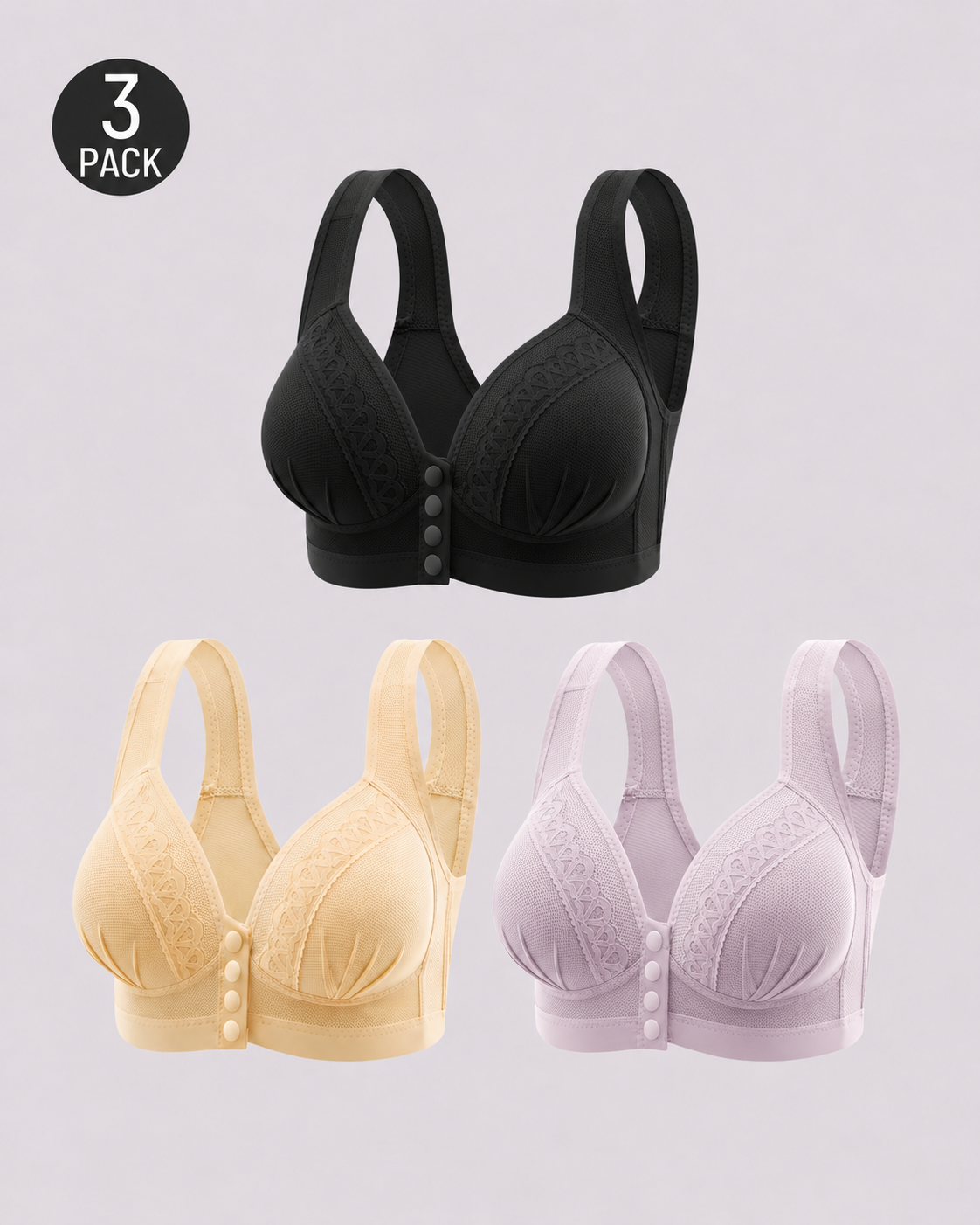 Three-Pack Front-Close Jacquard Full Cup Wire-Free Seamless Bra