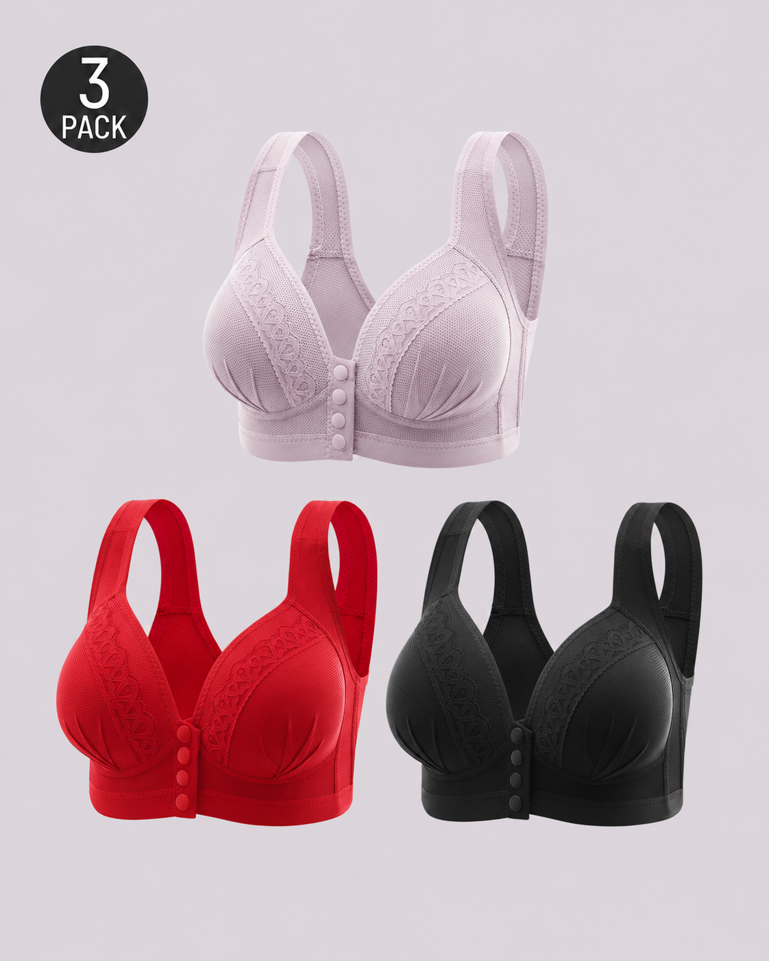 Three-Pack Front-Close Jacquard Full Cup Wire-Free Seamless Bra