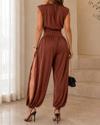 Casual Sleeveless Cinched Waist Side High Slit Overalls