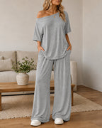 Casual Loose Off-shoulder Top and Wide-leg Pants Set