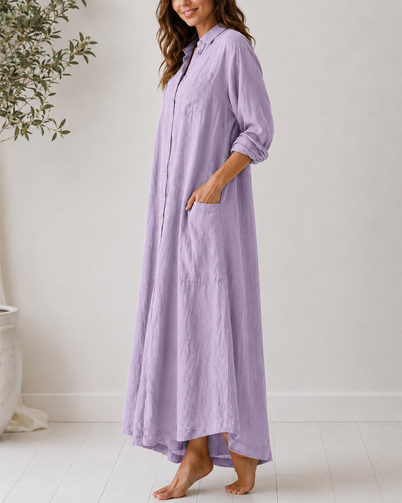 Casual Linen Button-down Long Sleeve Wide-leg Jumpsuit