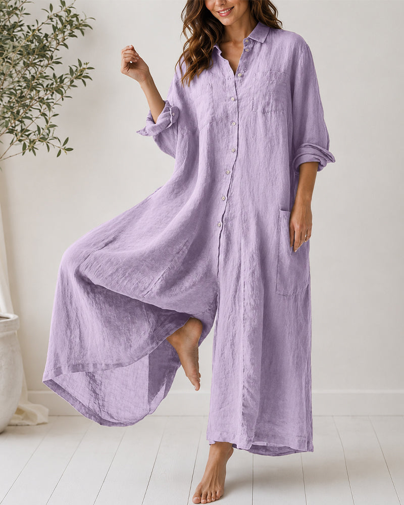 Casual Linen Button-down Long Sleeve Wide-leg Jumpsuit