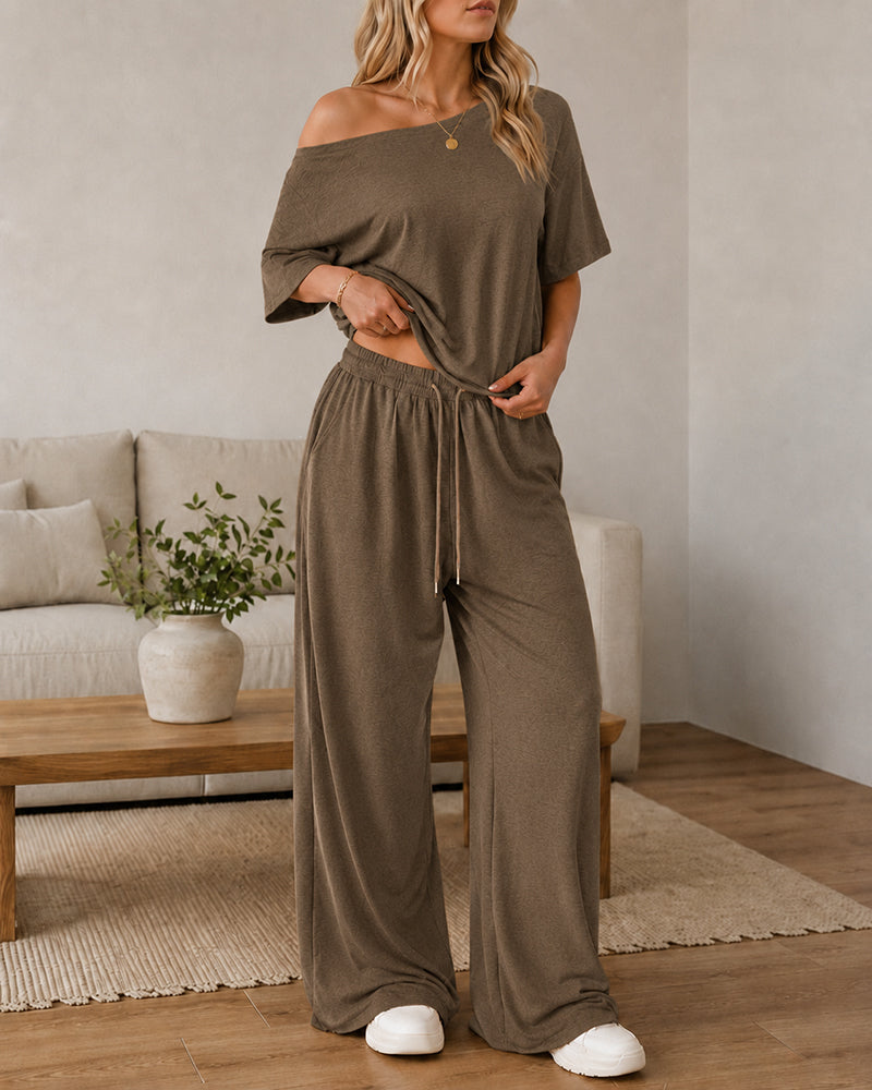 Casual Loose Off-shoulder Top and Wide-leg Pants Set