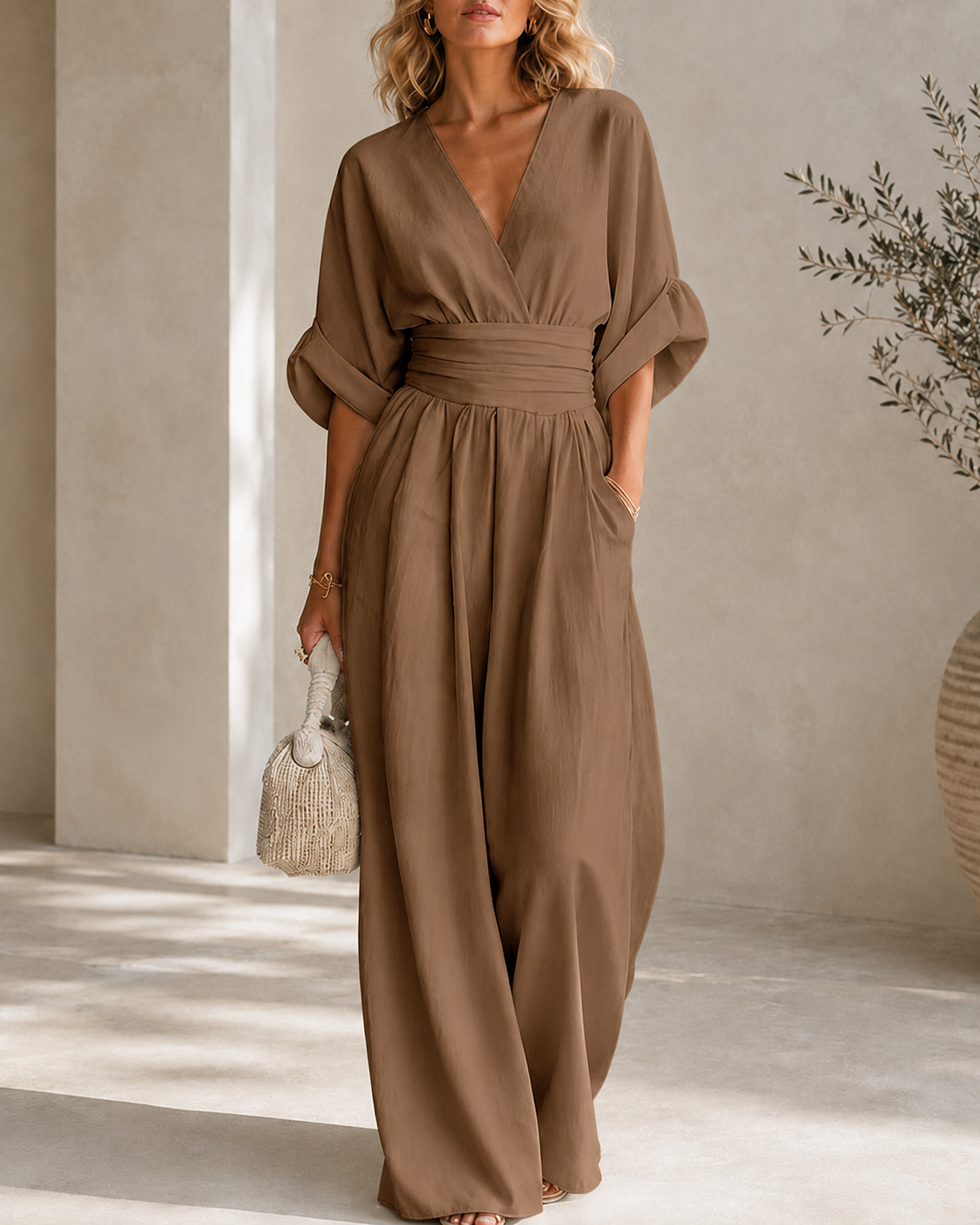 Casual Deep V Waist-cinching Wide-leg Jumpsuit