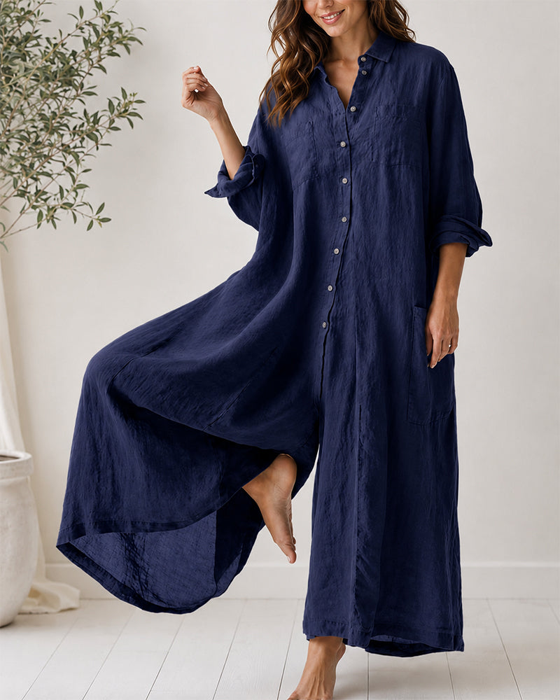 Casual Linen Button-down Long Sleeve Wide-leg Jumpsuit