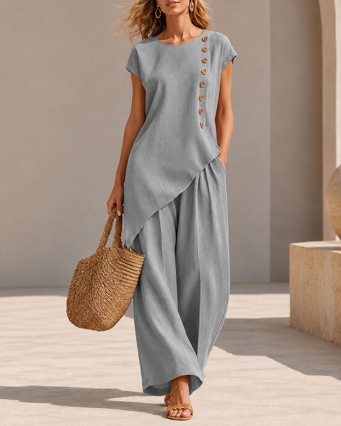 Casual Loose Button-down Short Sleeve Top and Wide-leg Pants Set