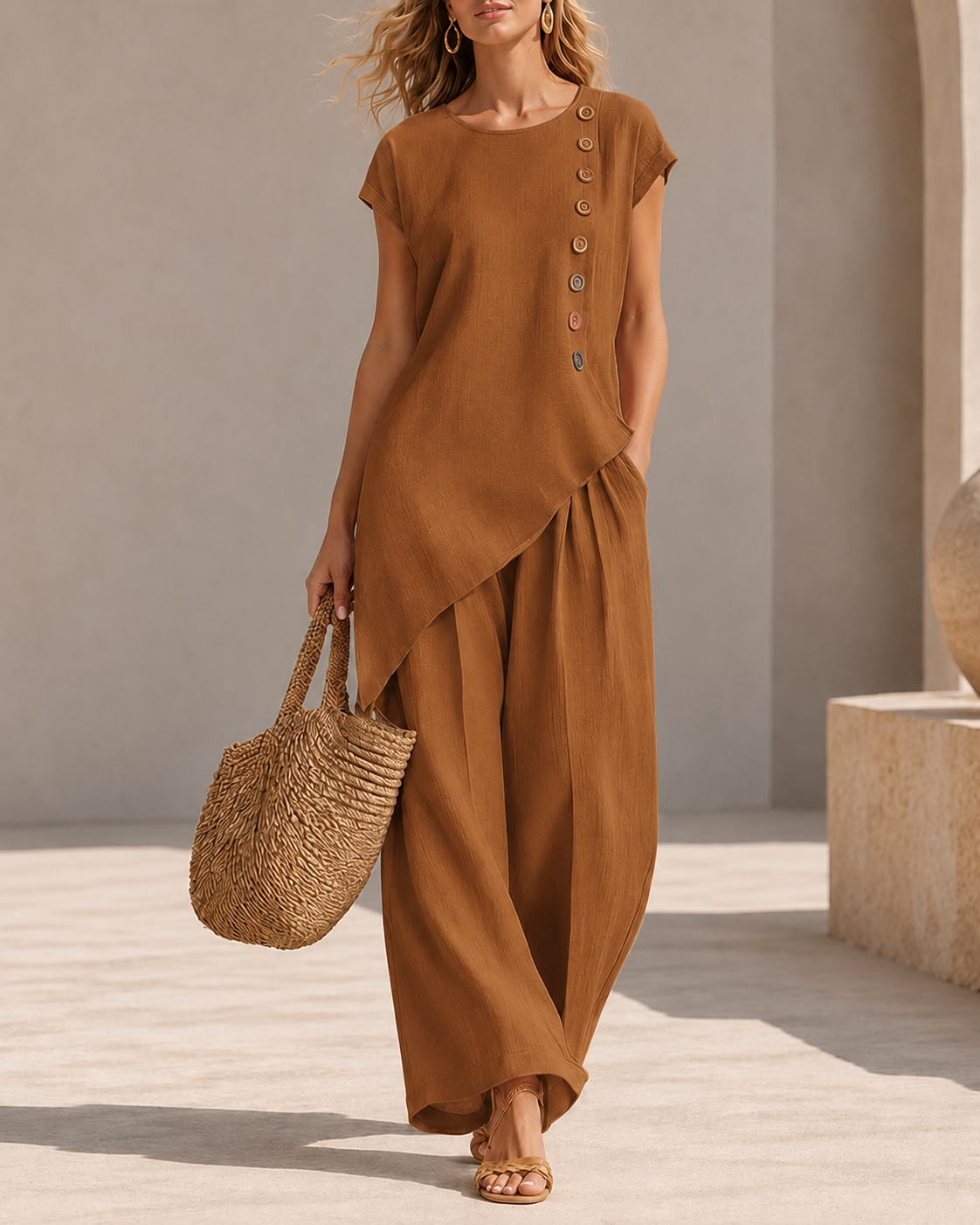 Casual Loose Button-down Short Sleeve Top and Wide-leg Pants Set