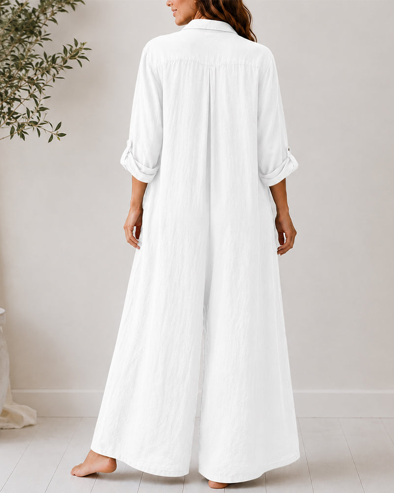 Casual Linen Button-down Long Sleeve Wide-leg Jumpsuit