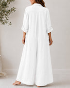 Casual Linen Button-down Long Sleeve Wide-leg Jumpsuit