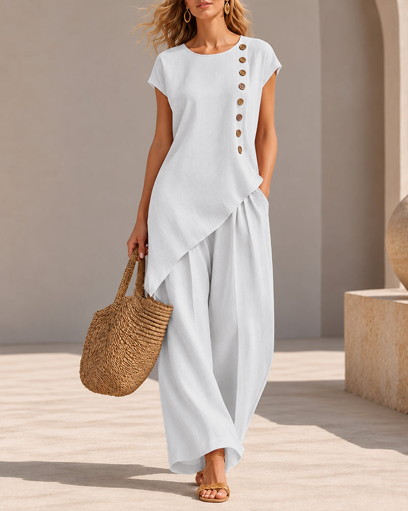 Casual Loose Button-down Short Sleeve Top and Wide-leg Pants Set