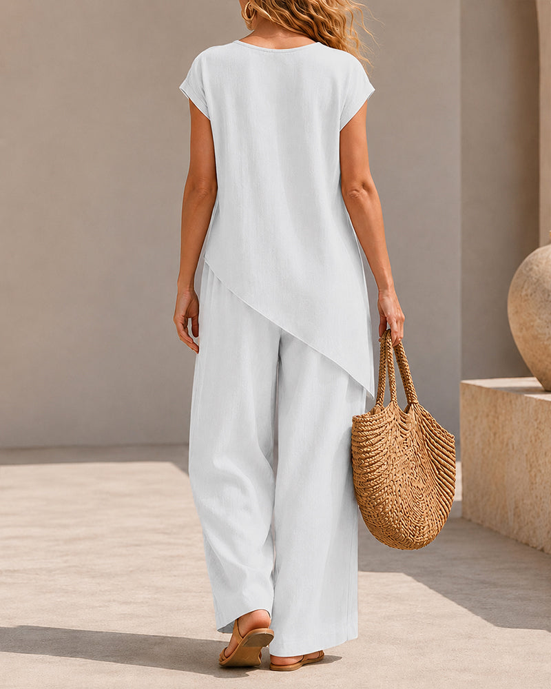 Casual Loose Button-down Short Sleeve Top and Wide-leg Pants Set
