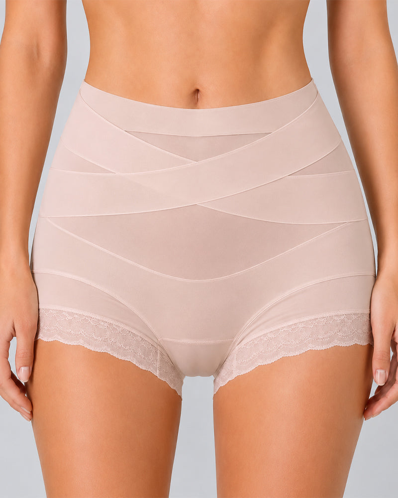 2-Pack High Waist Tummy Control Seamless Cross-over Sheer Mesh Boxer Briefs