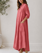 Casual Linen Button-down Long Sleeve Wide-leg Jumpsuit