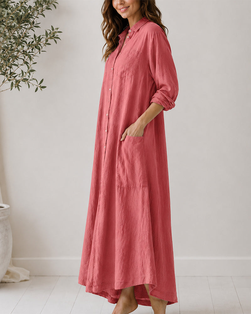 Casual Linen Button-down Long Sleeve Wide-leg Jumpsuit