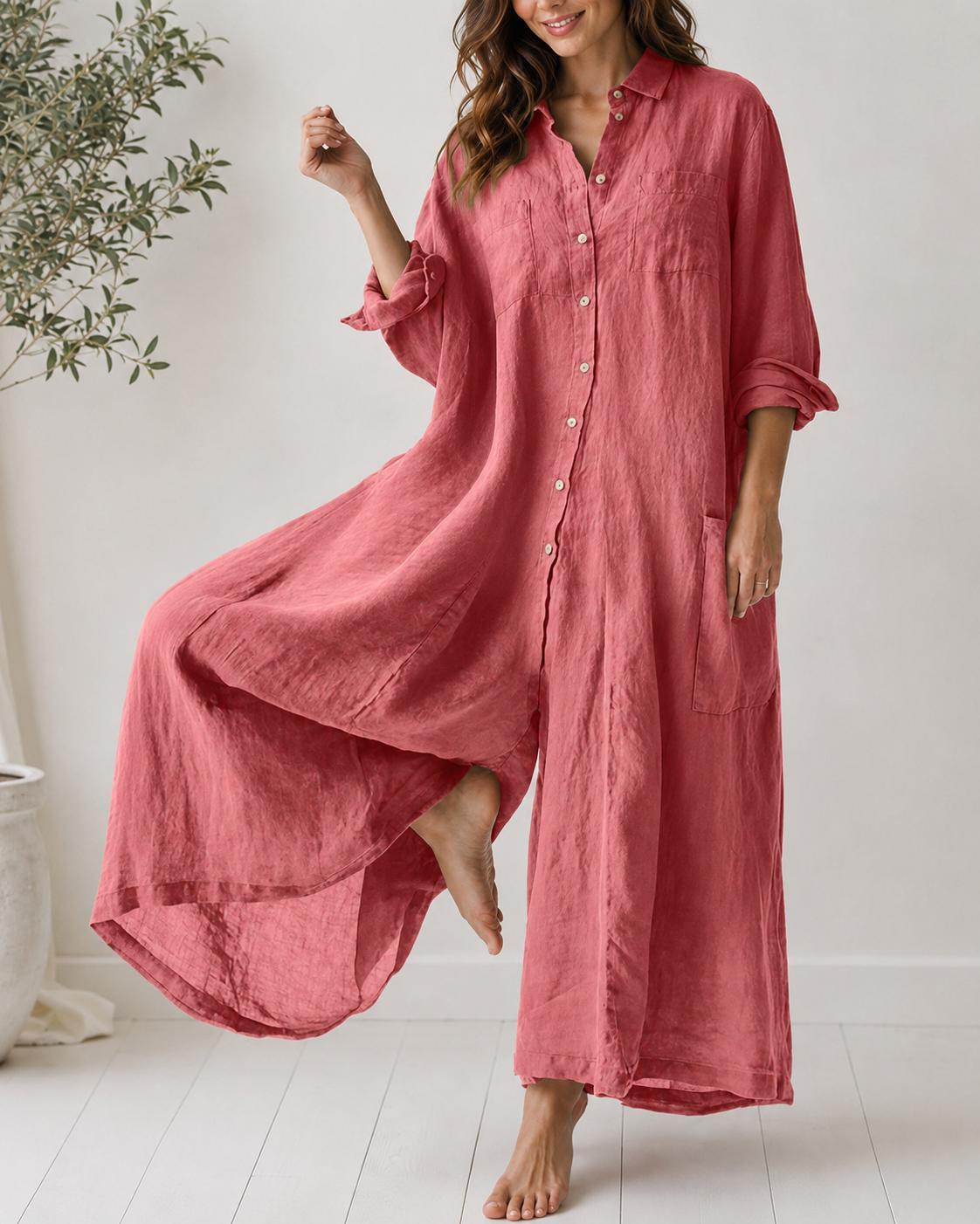 Casual Linen Button-down Long Sleeve Wide-leg Jumpsuit