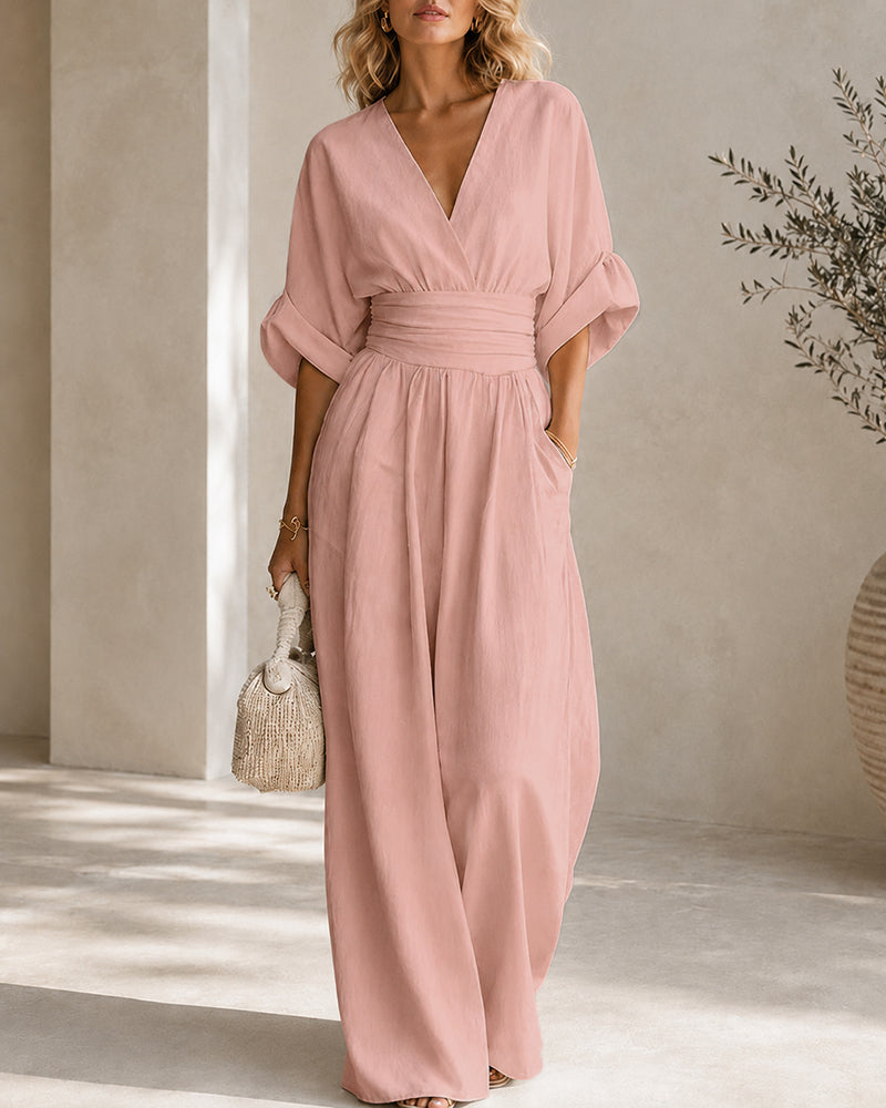 Casual Deep V Waist-cinching Wide-leg Jumpsuit