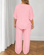 Casual Loose V-Neck Striped Top and Wide-Leg Pants Suit