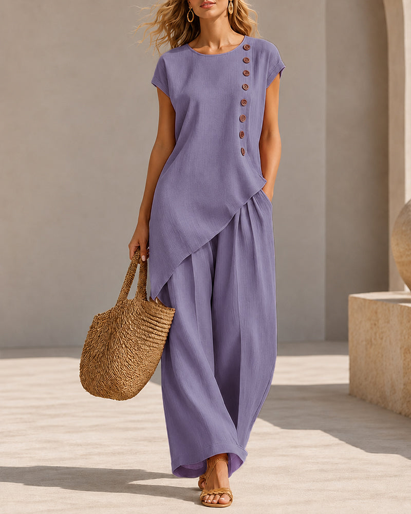 Casual Loose Button-down Short Sleeve Top and Wide-leg Pants Set