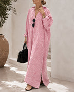 Casual Loose Striped Cotton Collared Long Sleeve Button-down Long Dress
