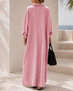 Casual Loose Striped Cotton Collared Long Sleeve Button-down Long Dress