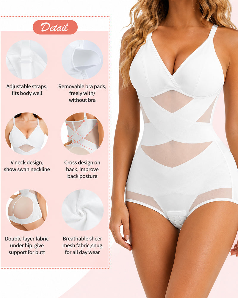 Sexy Deep V Cross Mesh Breathable Tummy-control Bodysuit Shapewear