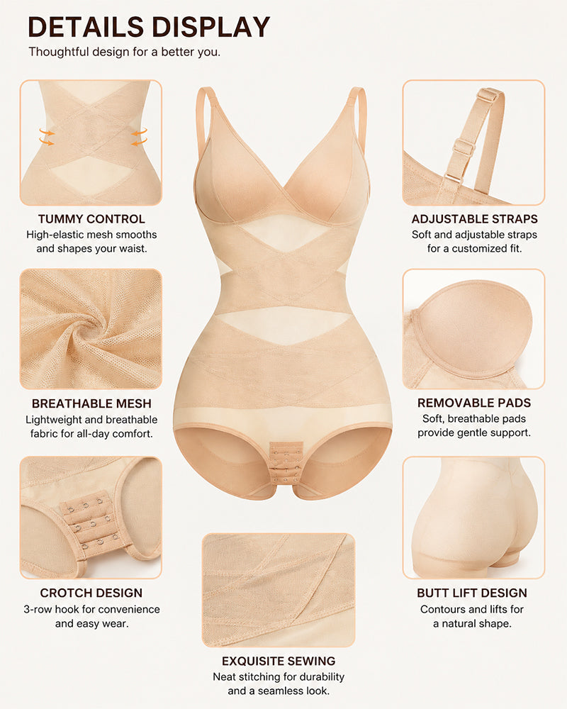 Sexy Deep V Cross Mesh Breathable Tummy-control Bodysuit Shapewear
