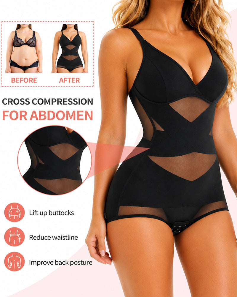Sexy Deep V Cross Mesh Breathable Tummy-control Bodysuit Shapewear