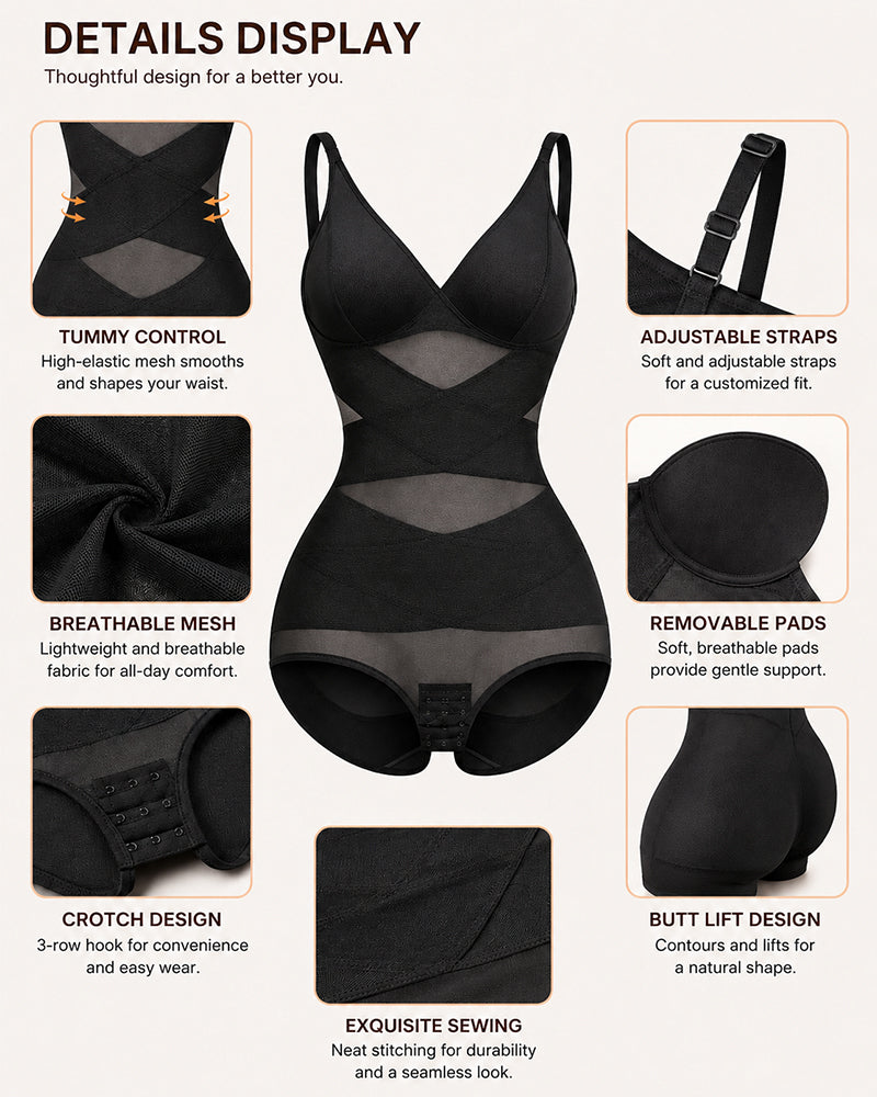 Sexy Deep V Cross Mesh Breathable Tummy-control Bodysuit Shapewear